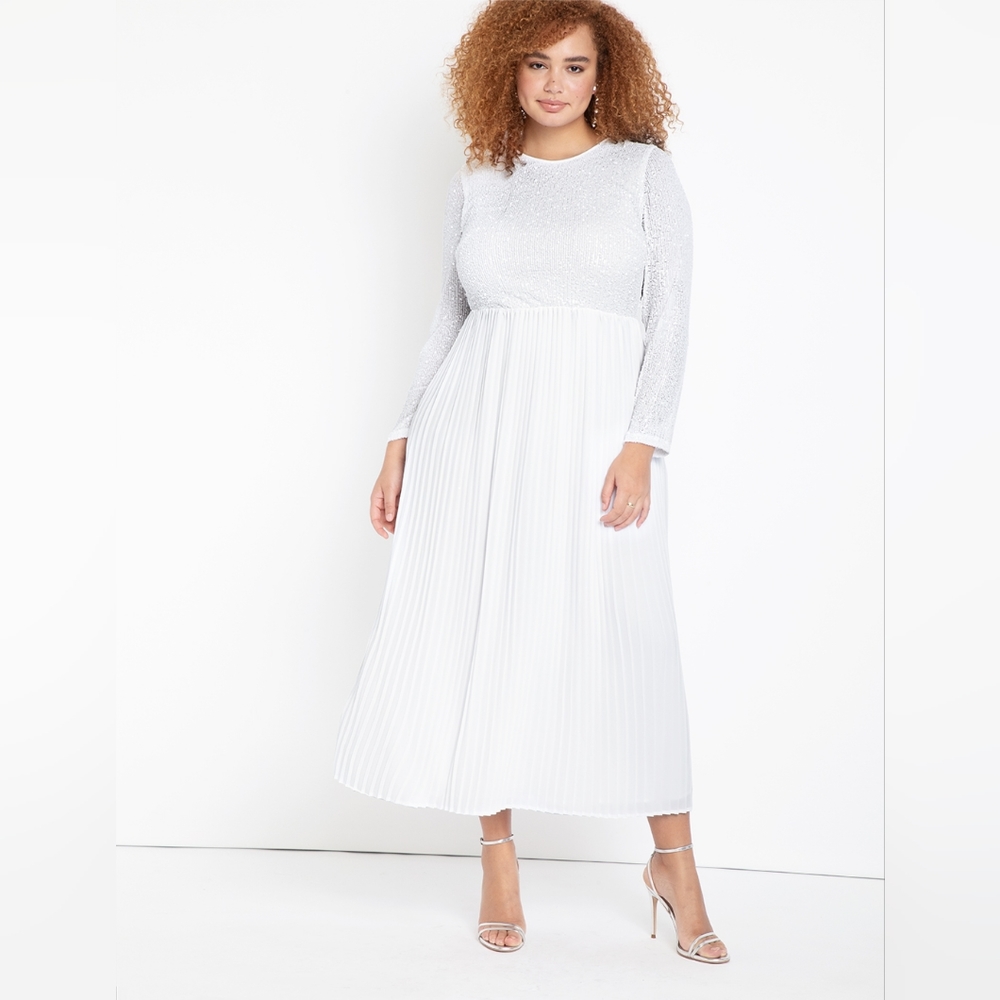 NWT Eloquii White Sequin Pleated Midi Dress Long Sleeve Bridal Size 20